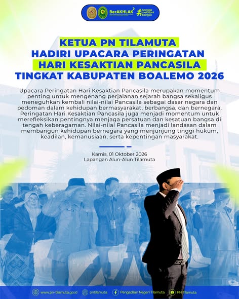 Ketua PN Tilamuta Hadiri Upacara Peringatan Hari Kesaktian Pancasila Tingkat Kabupaten Boalemo 2026