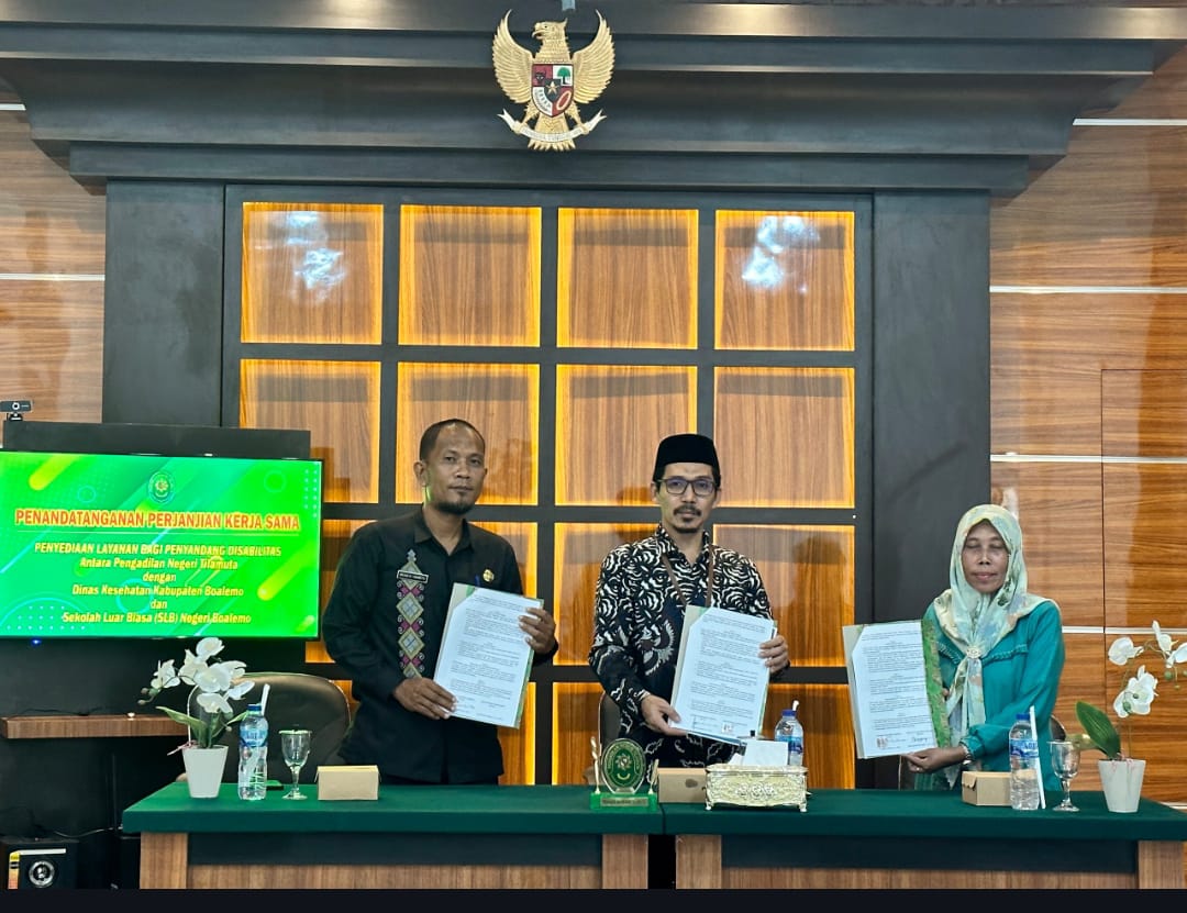 PENANDATANGANAN PERJANJIAN KERJA SAMA ANTARA PENGADILAN NEGERI TILAMUTA DENGAN DINAS KESEHATAN BOALEMO DAN SEKOLAH LUAR BIASA (SLB) NEGERI BOALEMO